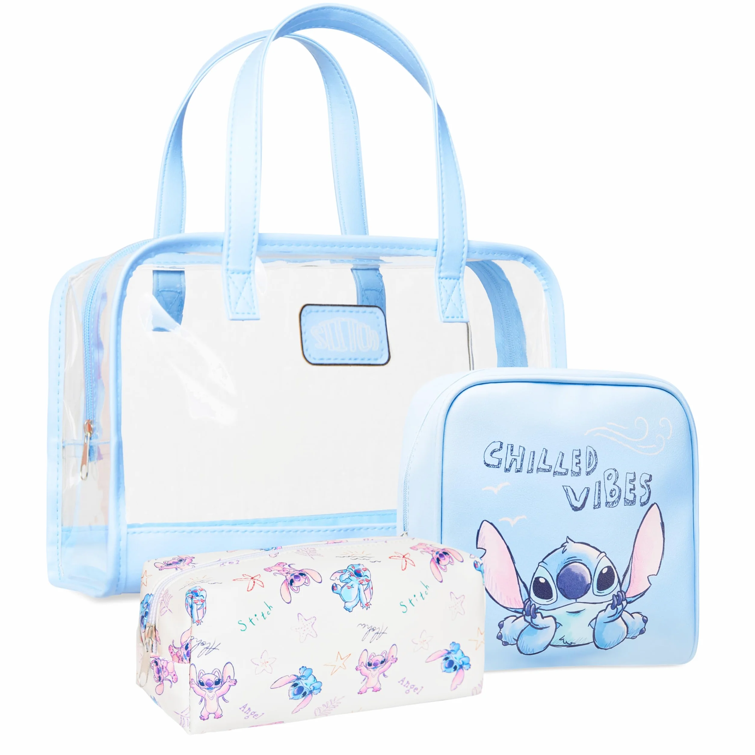 Get Trend Disney Stitch Beauty Case Donna Ragazza, Set 3 Pezzi Borsa Trasparente, Pochette e Porta Trucchi, Beauty da Viaggio per Make Up (Blu Stitch)