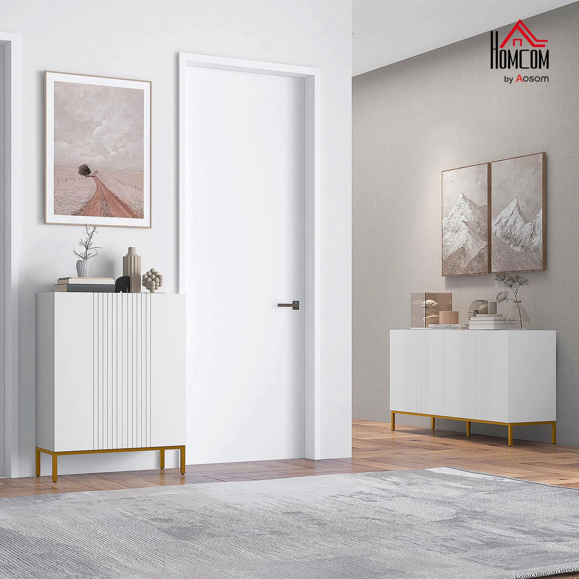 HOMCOM Credenza Moderna con 4 Ante e Mensole Regolabili Mobile da Soggiorno e Salotto con Chiusura Soft Close Bianco e Oro