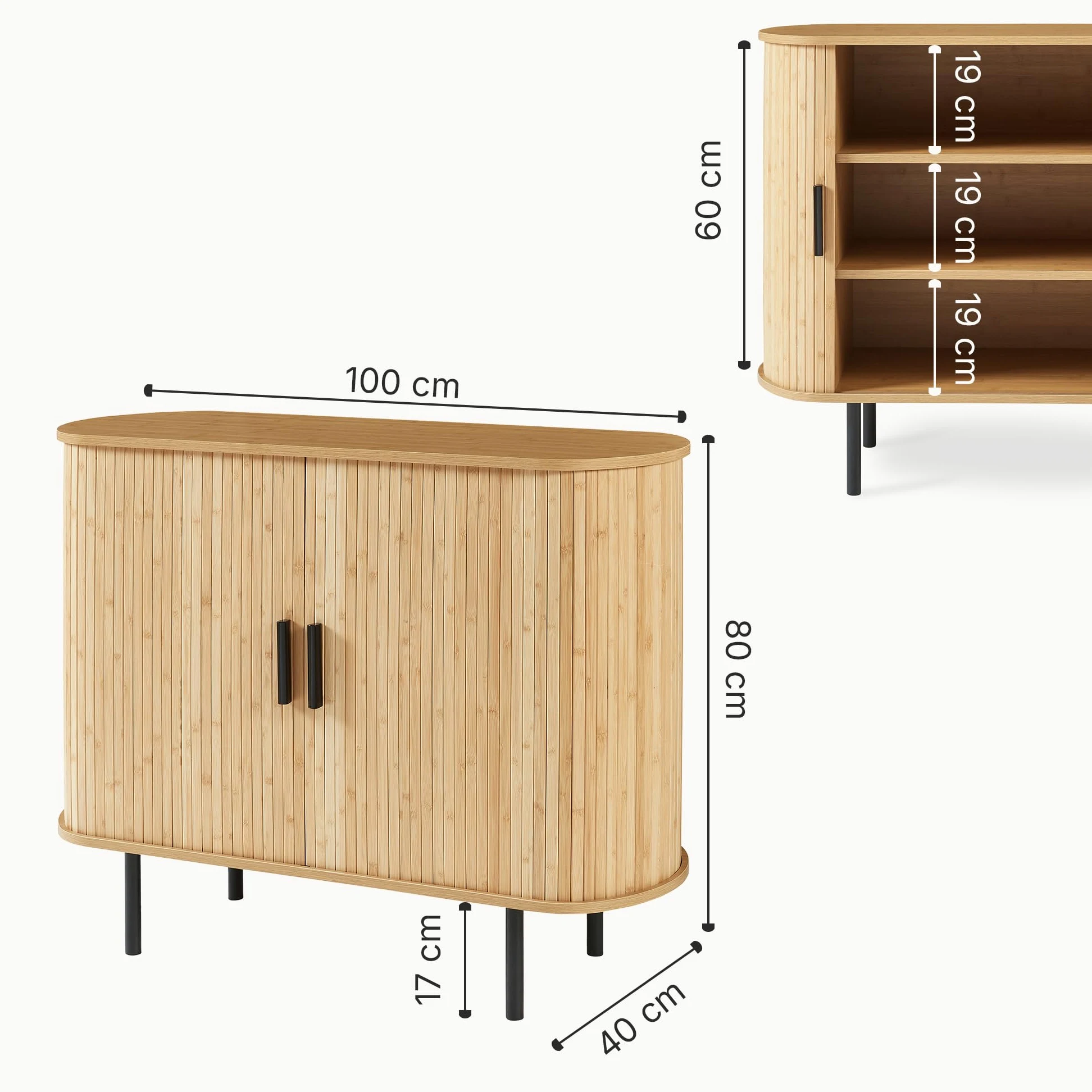 [en.casa] Mobile Multiuso a 2 Ante Scorrevoli in Bambù Scarpiera con 3 Ripiani Vani Portascarpe Comò Stretto Piano Ovale per Ingresso Soggiorno Camera da Letto 100x40x80 cm - Naturale/Nero