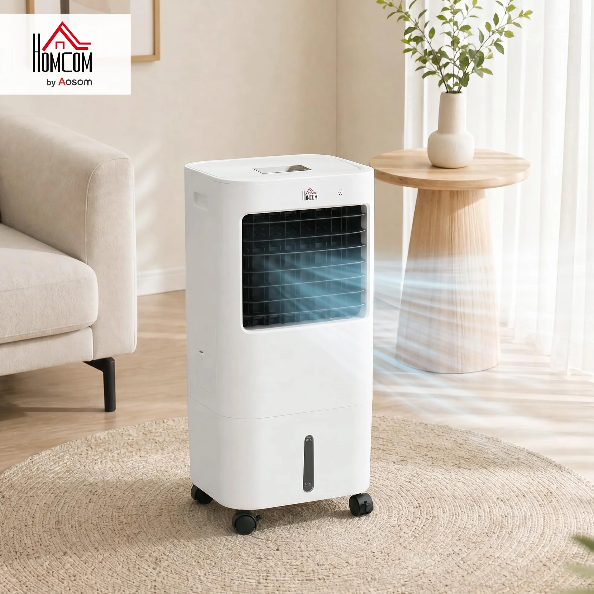 HOMCOM Condizionatore Portatile, Raffrescatore Evaporativo 3 in 1, Ventilatore con Ghiaccio e Deumidificatore, 3 Velocità, 9 Modalità e Telecomando, Raffrescatore da 65W in ABS, 32x37x74 cm, Bianco