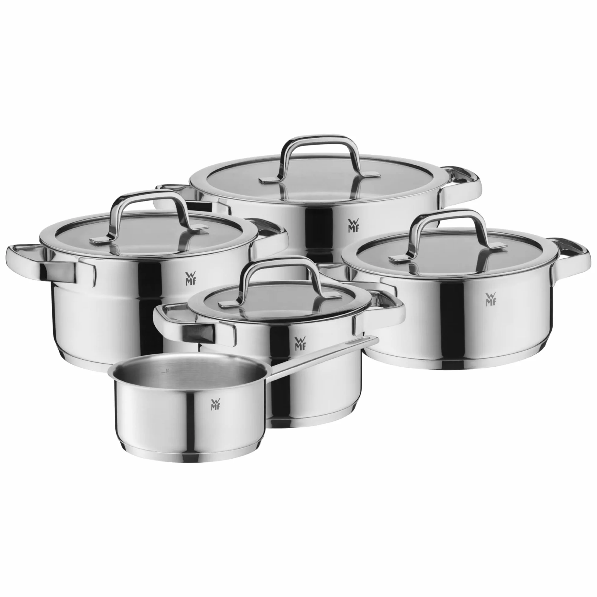 WMF Compact Cuisine - Set di pentole a induzione, 5 pezzi, con coperchio in vetro, in acciaio inox Cromargan lucidato, non rivestito, scala interna