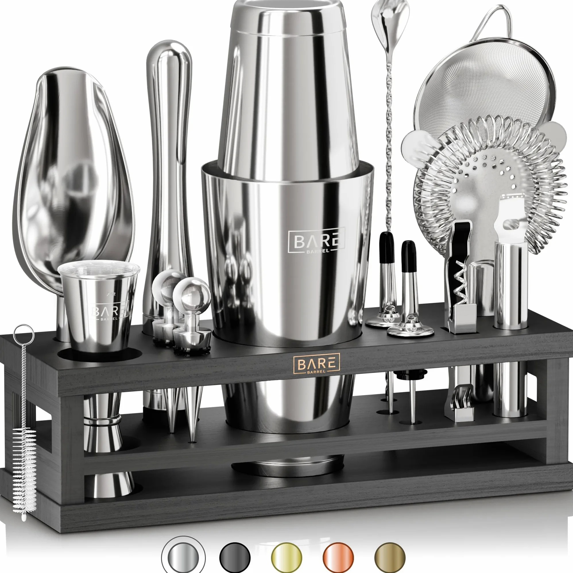 BARE BARREL Kit per la preparazione di cocktail, kit da barista da 16 pezzi, shaker per cocktail, espositore in bambù e 35 biglietti di ricette, set regalo per cocktail mixology (shaker Boston da 800