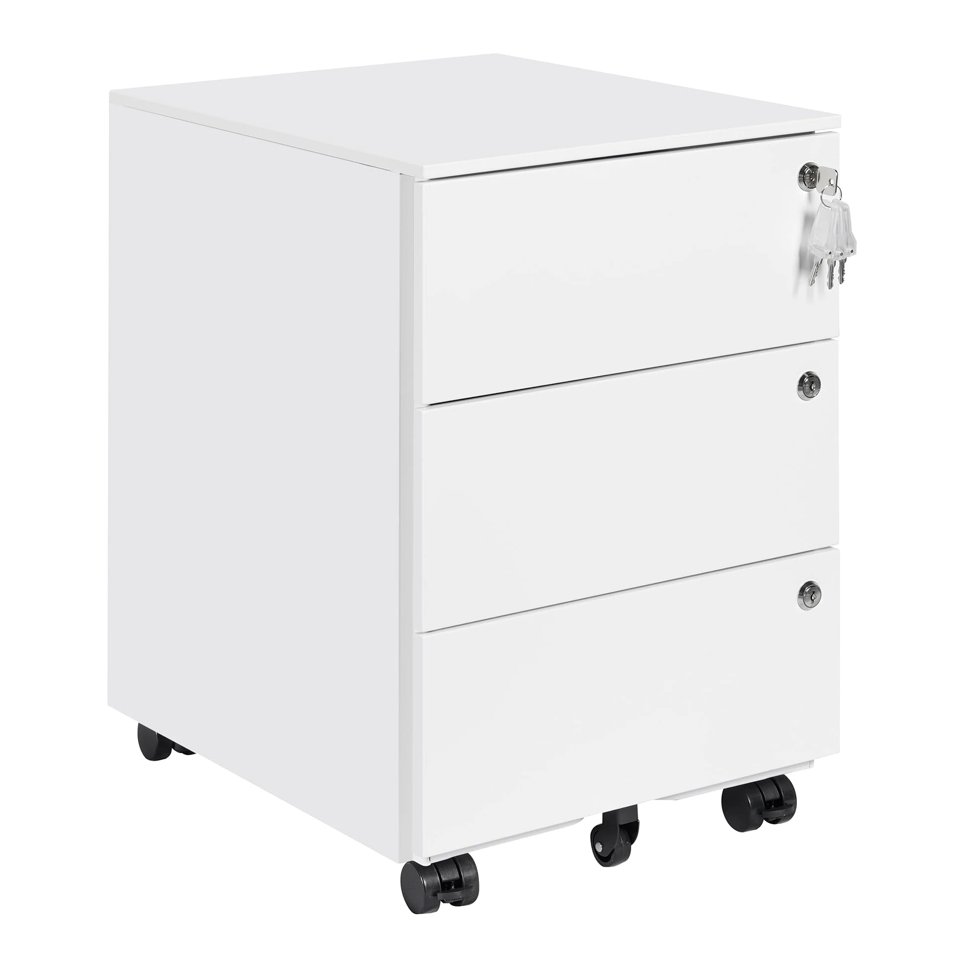 Cassettiera Scrivania Mobile, Cassettiera con 3 serrature, 4 Chiavi, 3 Cassetti, in Acciaio, Preassemblato, Bianco
