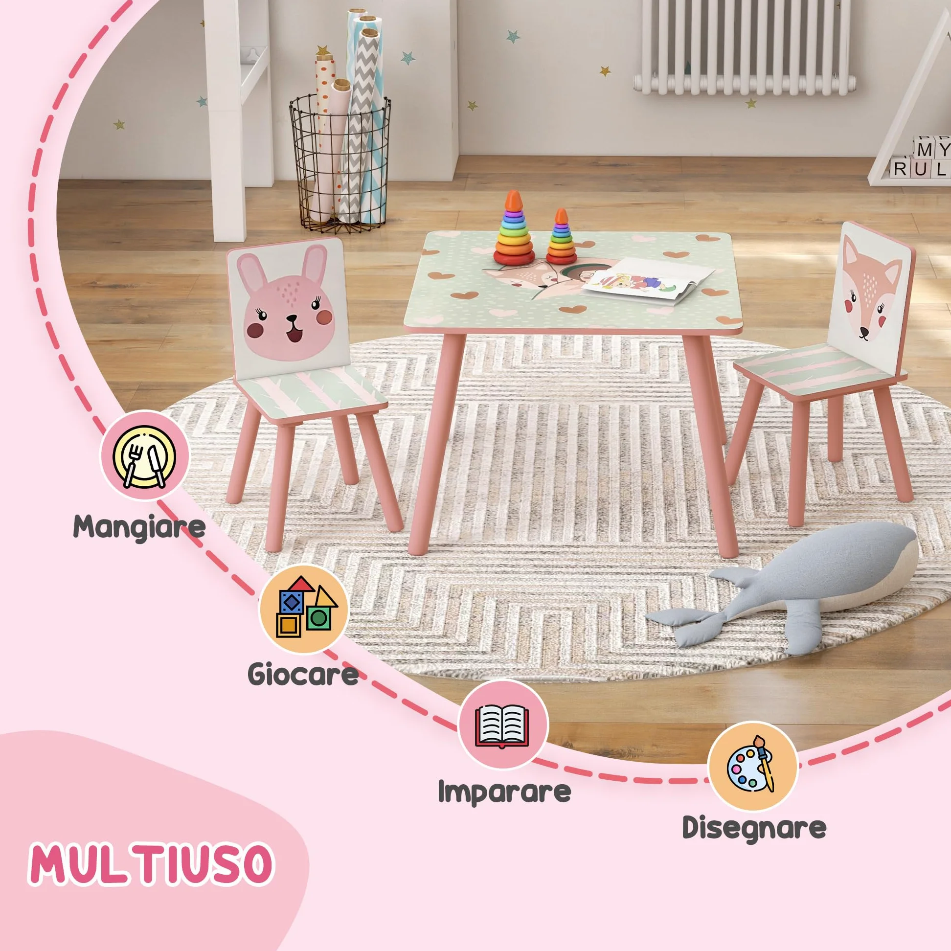 ZONEKIZ Set 3 Pezzi con Tavolo e 2 Sedie per Bambini da 3-8 Anni in MDF e Legno di Pino, Tavolino per Bambini e Seggiole con Disegni di Animali, Rosa