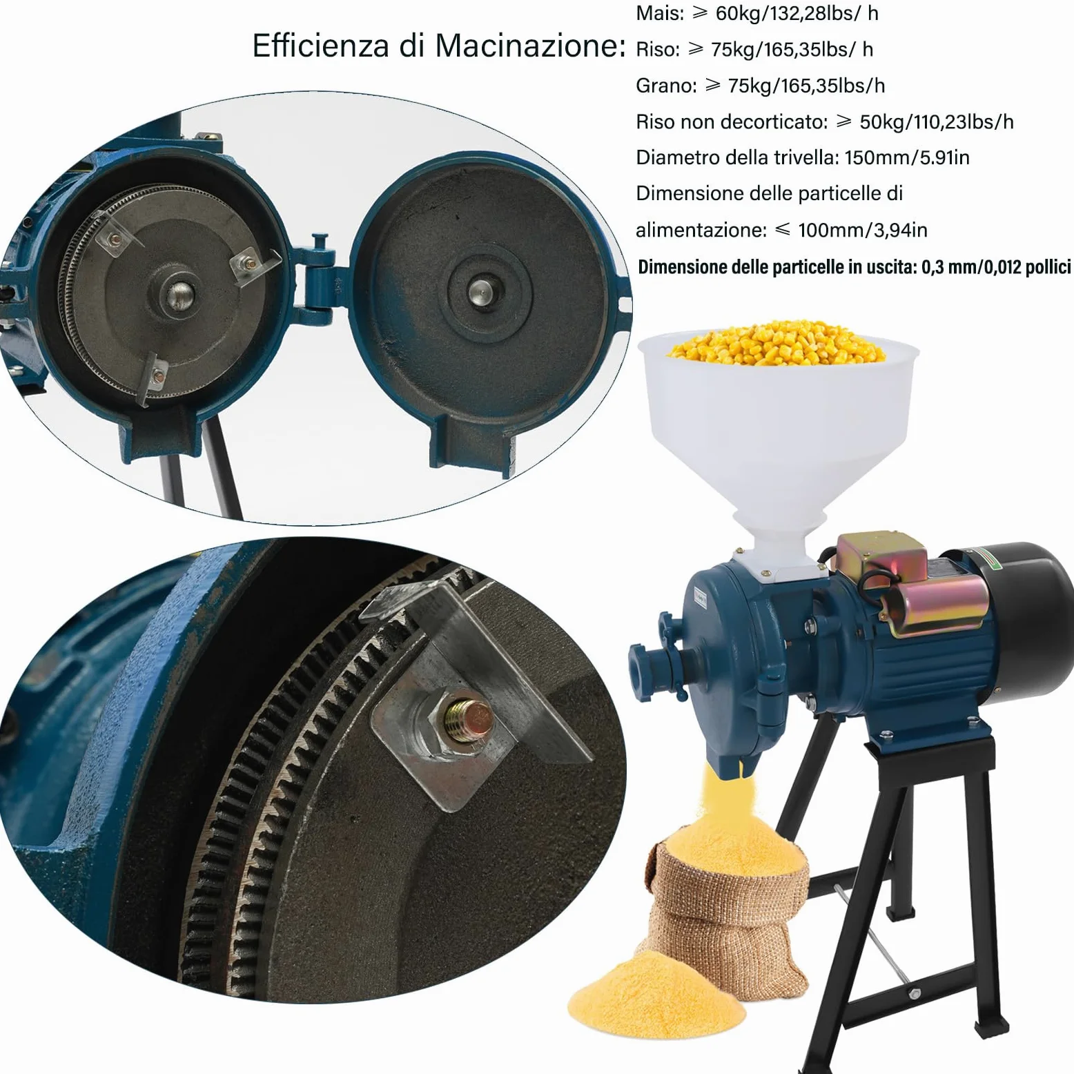 Mulino Elettrico Grano,Macina a Secco con Imbuto,Macinino Trituratore Smerigliatrice per cereali Commerciale Meccanico Elettrica può Riso Soia Sorgo e Mais 50-75kg/h(Blu)