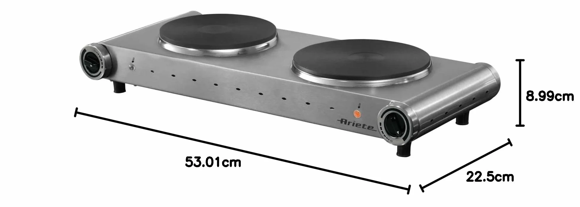 Ariete 994 Fornello elettrico da viaggio - Doppia piastra in Ghisa - Diametro 188 mm e 155 mm - Temperatura Regolabile - 2500 Watt - Acciaio