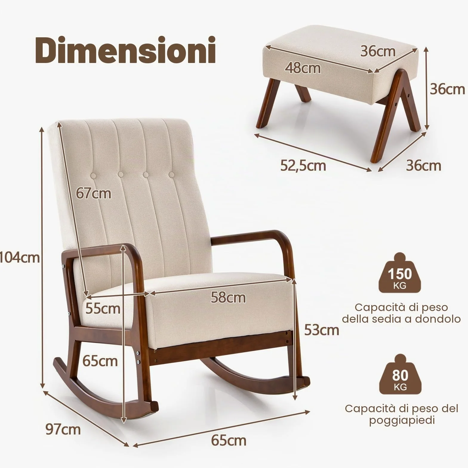 HOMASIS Sedia a Dondolo con Poggiapiedi, Set da Poltrona a Dondolo con Braccioli e Struttura in Legno Massello, Sedia Allattamento per Camera da Letto, Salotto, Fino a 150 kg, 97x65x104cm (Beige)