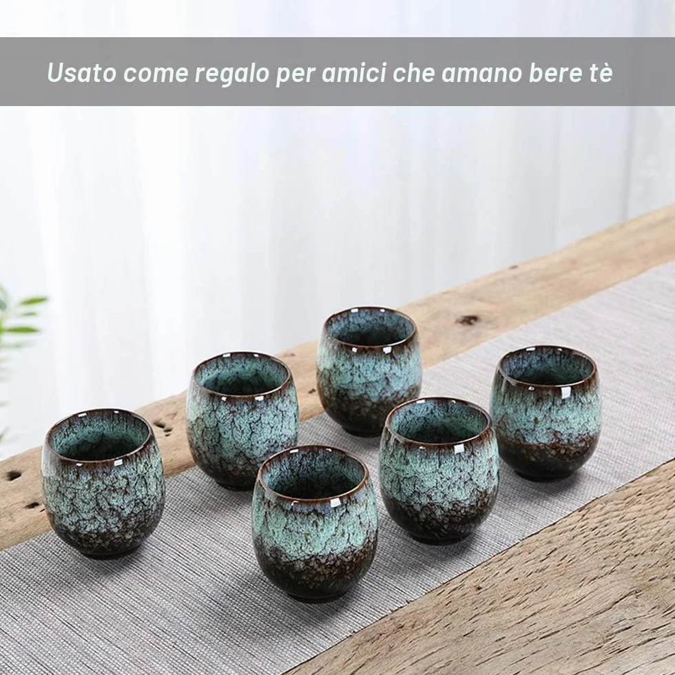 Set di tazze da tè in ceramica giapponese fatte a mano, 4 pezzi, smaltata multicolore flambed