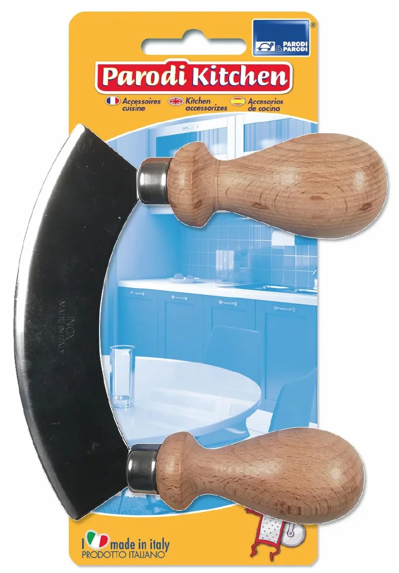 PARODI & PARODI - Mezzaluna Cucina Acciaio Impugnatura Legno, Coltello Lama Fissa Media 18 cm Lavabile Antiruggine, Accessori Cucina per Sminuzzare Erbe e Spezie Utensili Cucina Taglia Verdure Manuale