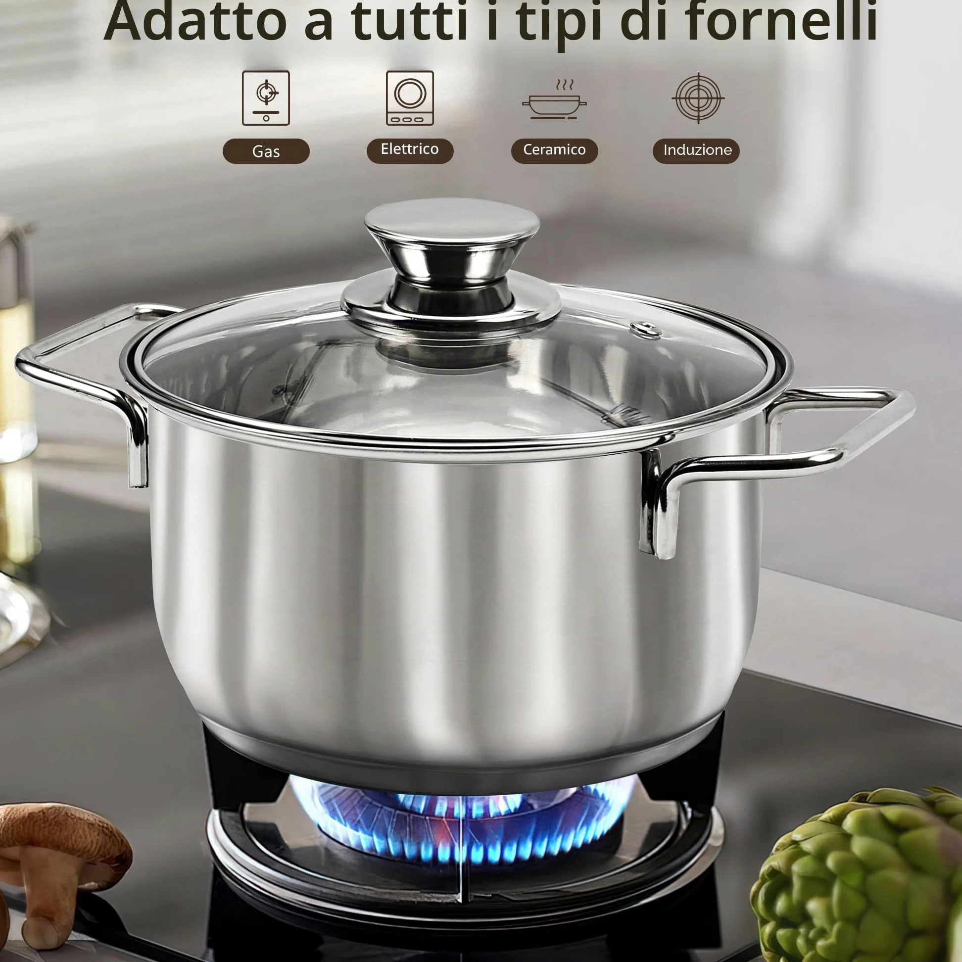 14 Pezzi Set di Pentole e Padelle in Acciaio Inossidabile, set di Pentole per Induzione, Pentole con Vapore e Coperchi in Vetro e Set di Utensili, Adatto a tutti i Fornelli