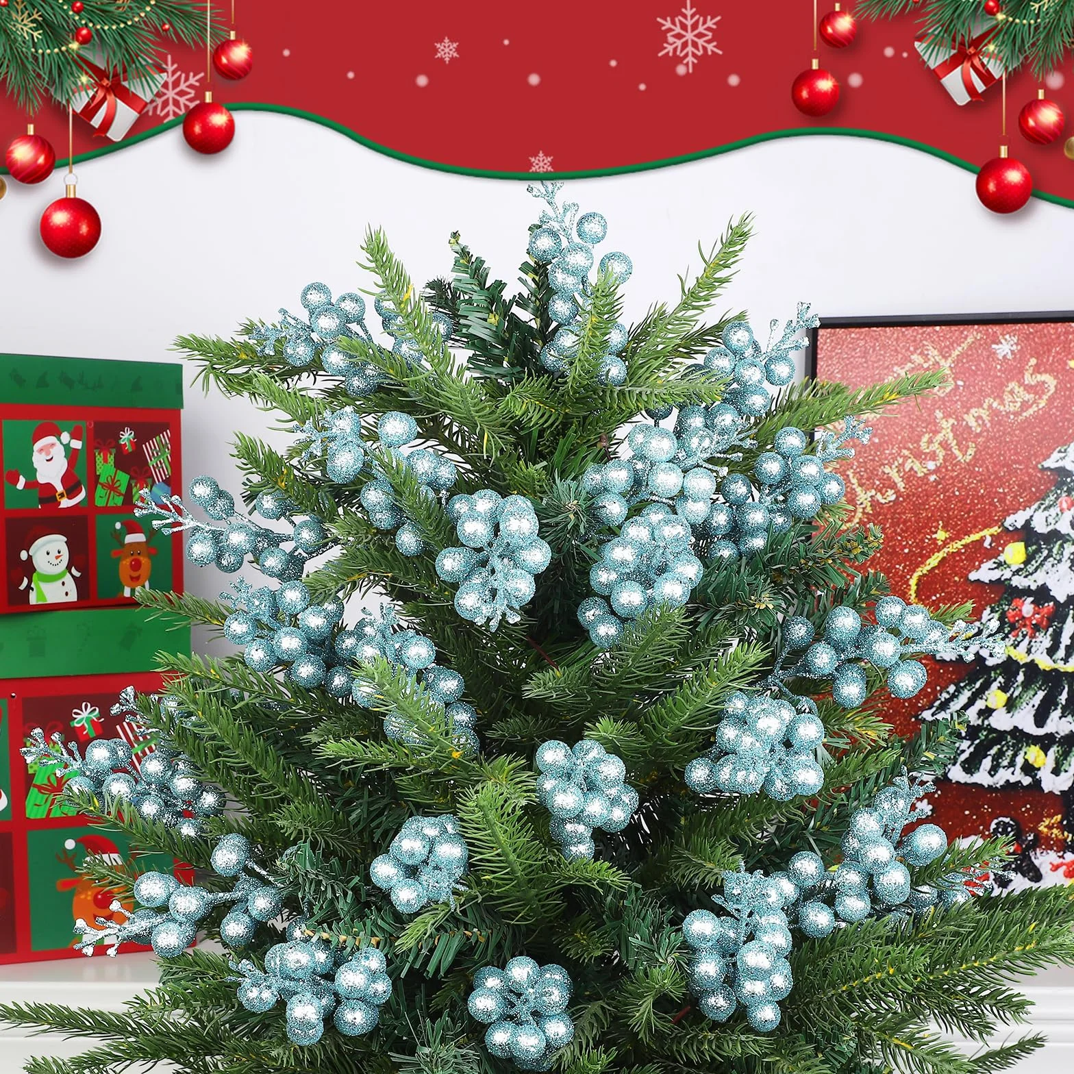 Fangoo 24 Pezzi Bacche Artificiali Azzurro Bordeaux Rami di Natale Steli