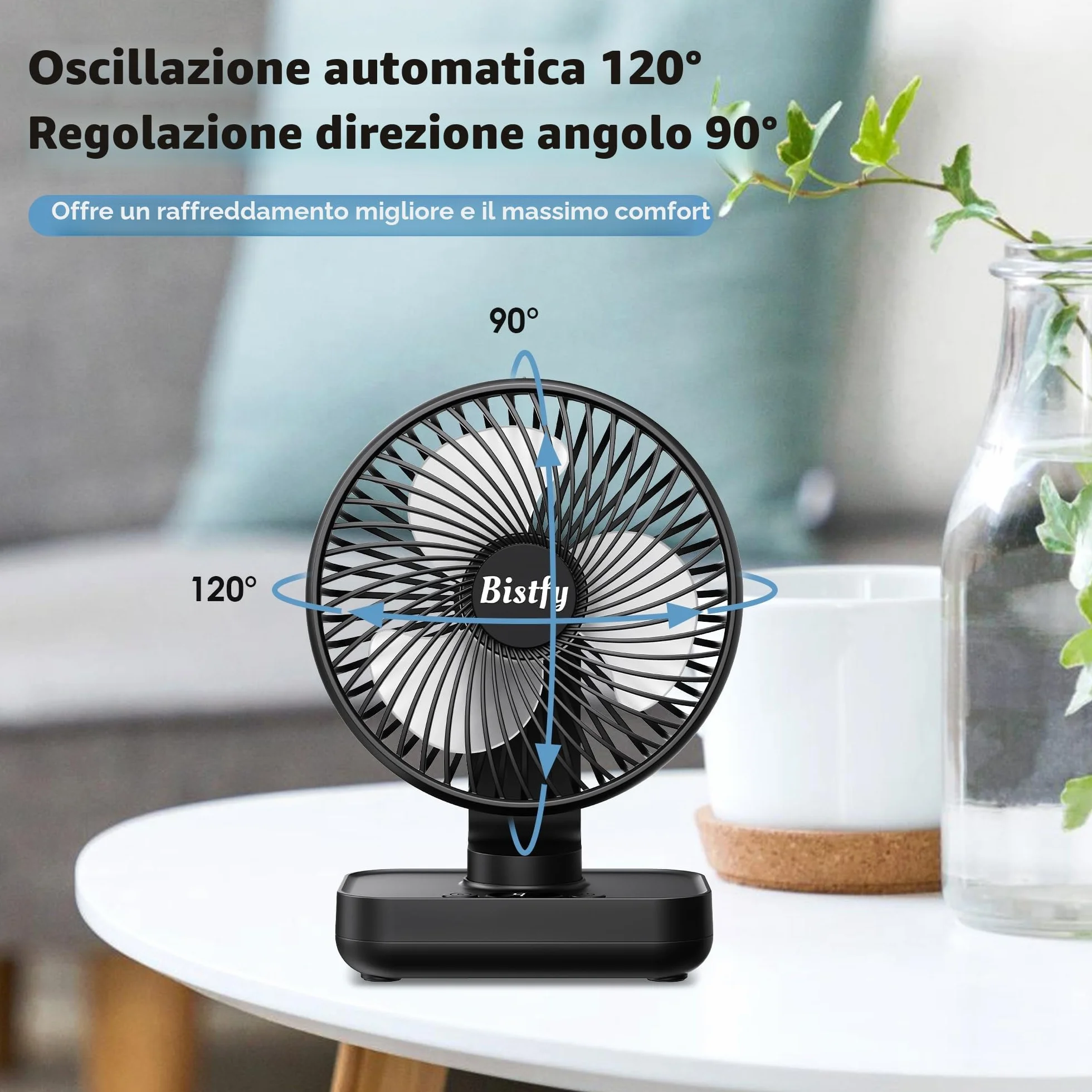 Ventilatore da Tavolo Ultra-Silenzioso, 120° di Oscillazione, 90° di Inclinazione Della Testa Regolabile, 14cm Digitale a 4 Velocità 4500mAh Ventilatore da Scrivania Portatile USB Ricaricabile
