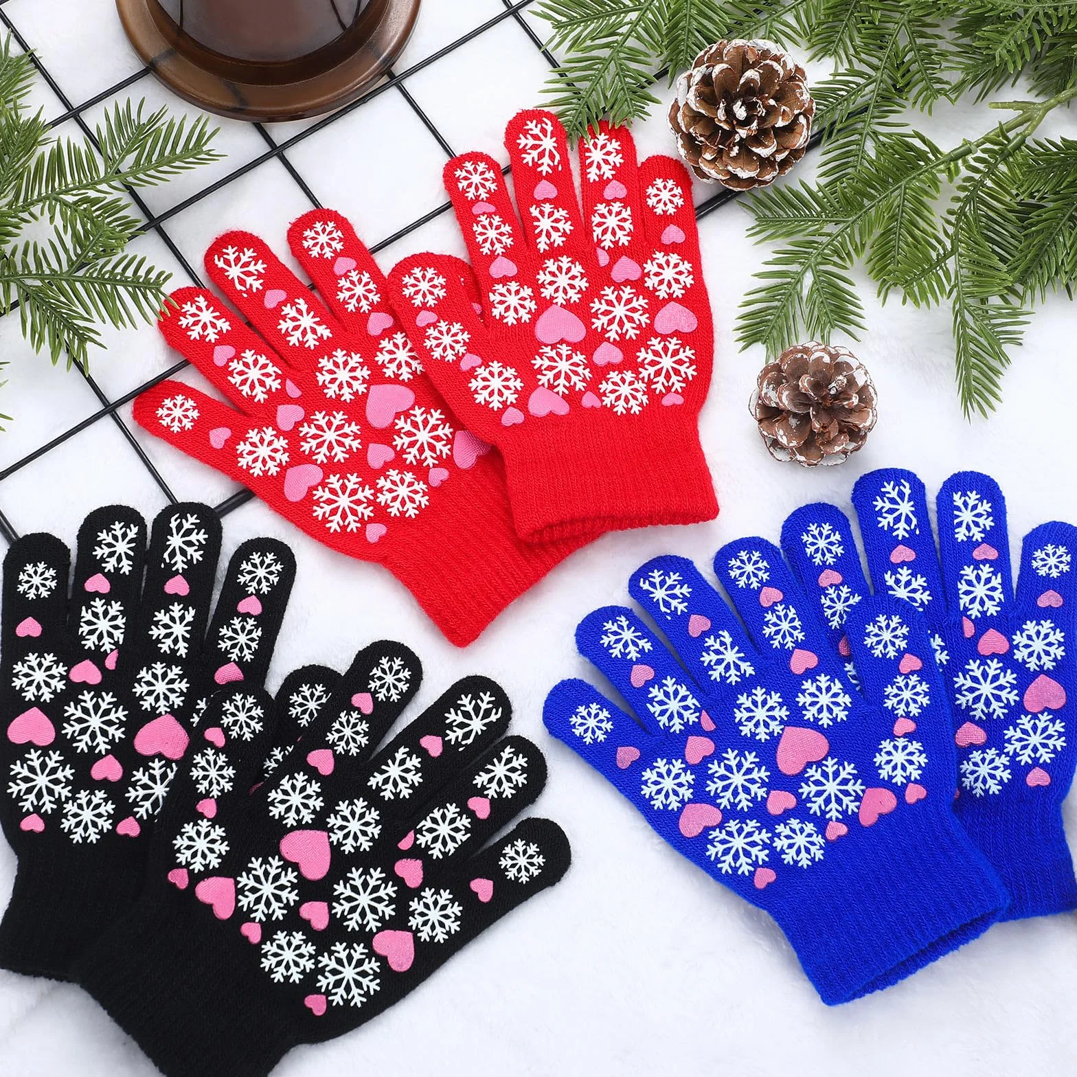 Geyoga 3 Paia Guanti Invernali in Maglia per Bambini 5-10 Anni Azzurro Cielo Nero Rosso