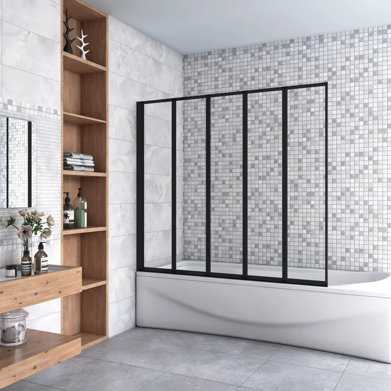 140 cm Sopravasca 5 Ante Pieghevoli a Libro Vetro 4 mm Temperato Trasparente Telaio Nero Opaco 120 cm