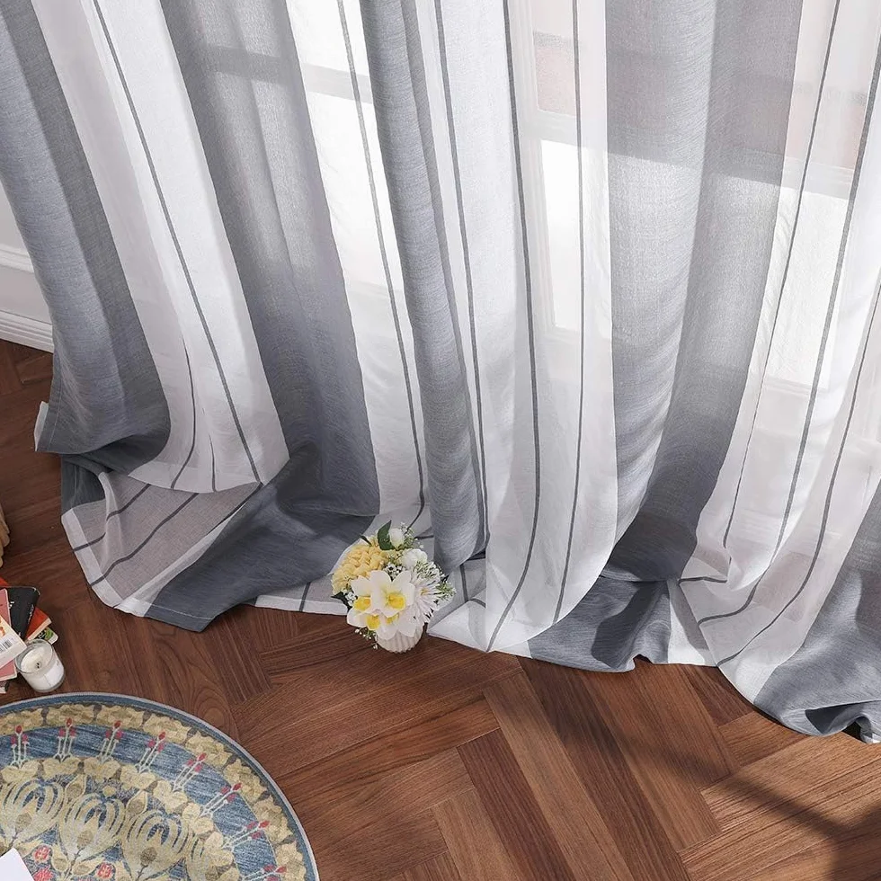 MIULEE Tende a Righe per Interni, Tende Trasparenti in Voile Tende Camera da Letto, Tenda Salotto Moderne con Anelli, Tenda a Pannello da Interno Finestra a Righe Bianche e Grigie, 2x 140270x CM