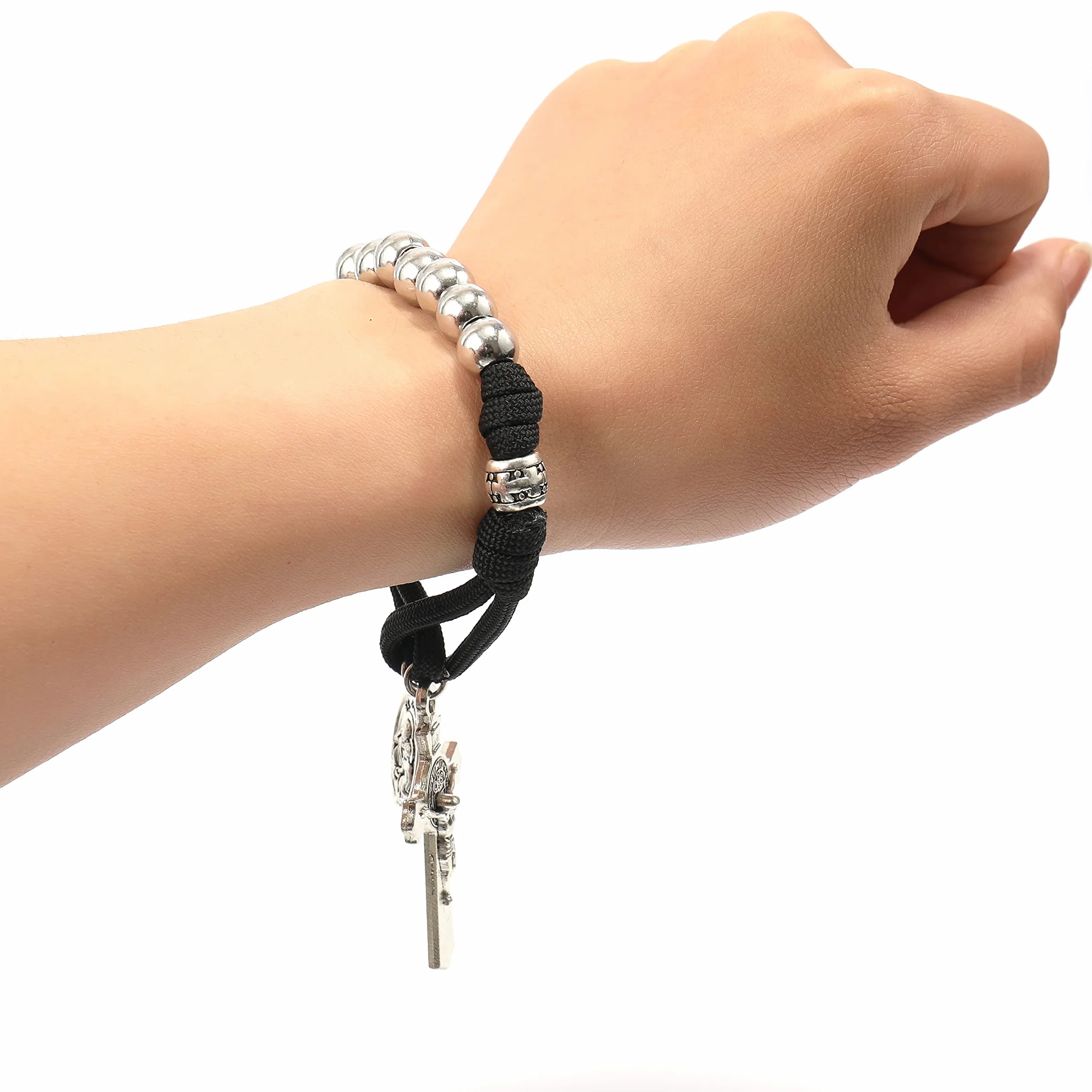 Nazareth Store Rosario militare di un decennio in paracord, perline d'argento, rosario tascabile per auto, prega per noi, medaglia di San Giuseppe e croce di San Benedetto.