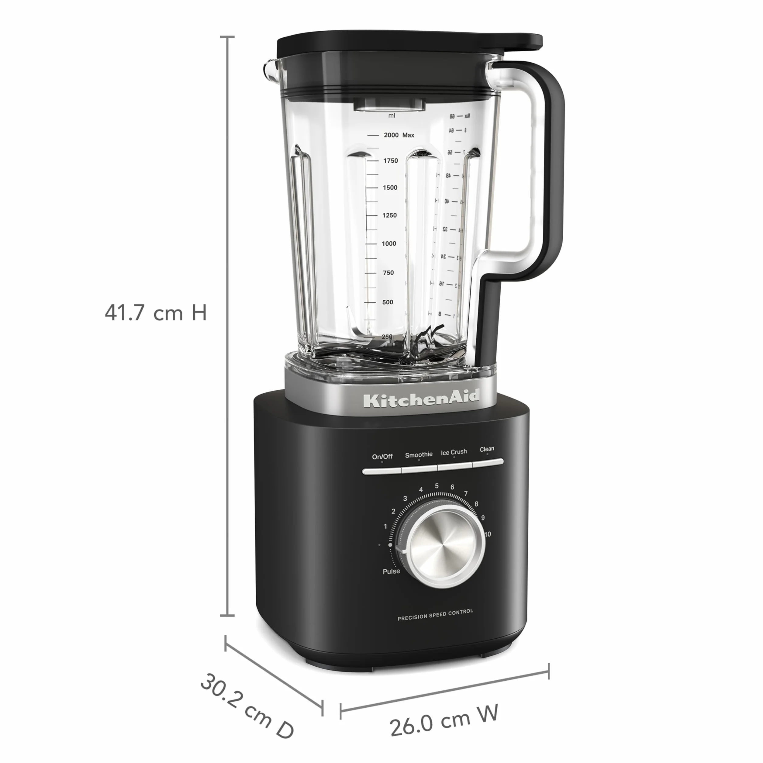 KitchenAid 5KSB20723EBM Frullatore Pure Power, Motore Potente con Caraffa da 2L Senza BPA, 10 Velocità, Programmi Tritaghiaccio e Smoothie, Lame Asimmetriche Inox, Nero Opaco