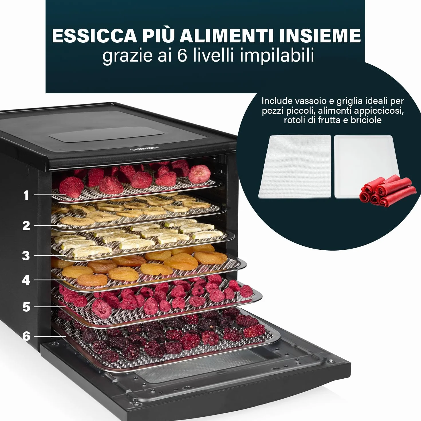 Princess Food Dehydrator con 6 Vassoi in Acciaio Inox, Temperatura Regolabile, Display Touch, Timer fino a 48 Ore, 550 W, 01.112398.01.001