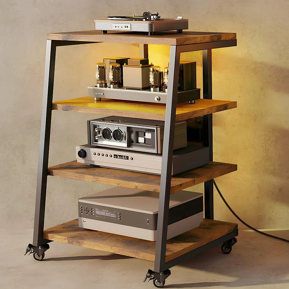 Mobile HiFi 4-level | Con prese multiple e ripiano regolabile | 4 ruote girevoli e 2 luci LED (app controllo) | 60x51x85cm Mobile Giradischi in legno e acciaio per impianto audio, impianto stereo