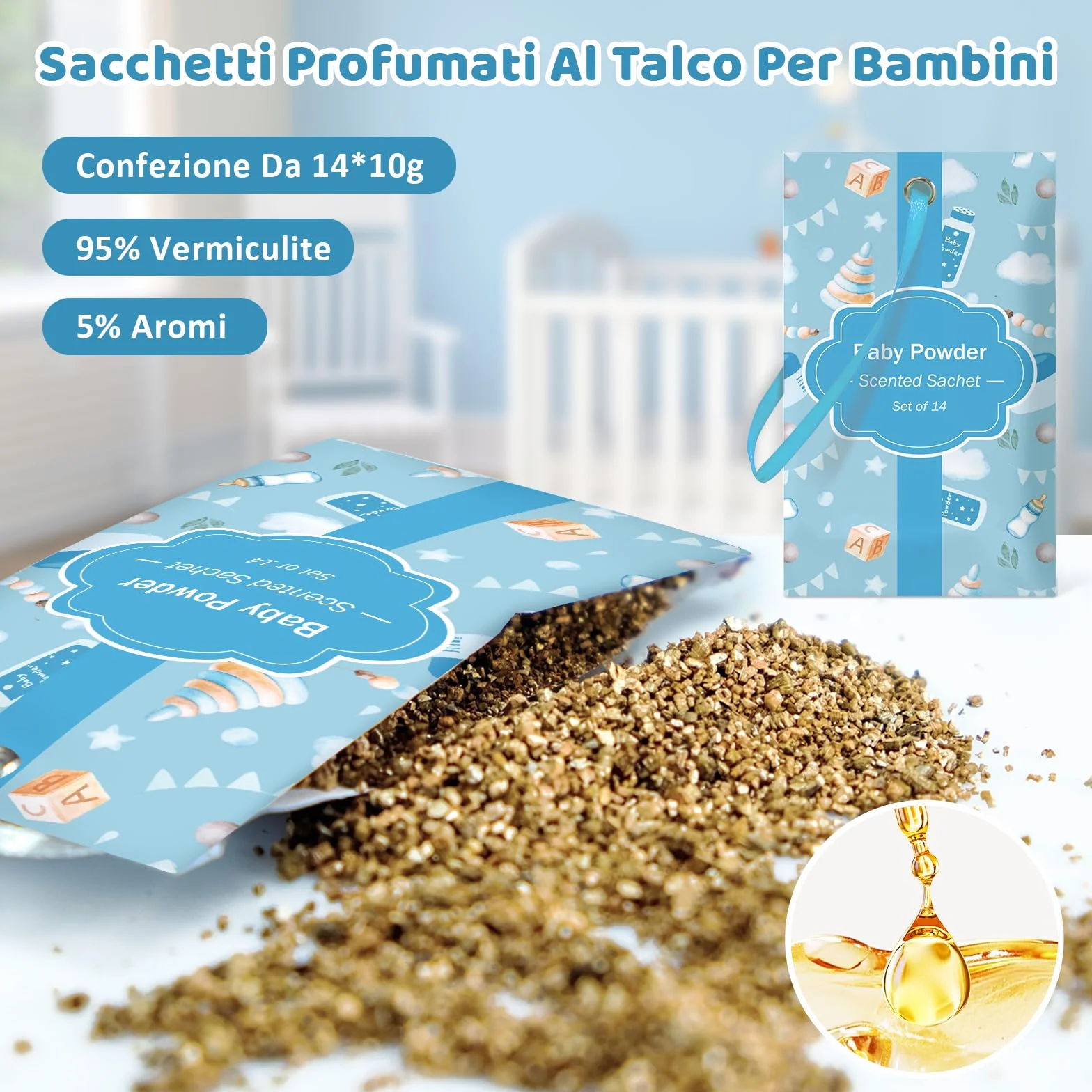 SCENTORINI Sacchetti Profumati, Profumatore Armadio Profumi di Talco per Bambini, Bustina Profumata per Cassetti Armadi e Guardaroba (10g x 14 bustine)