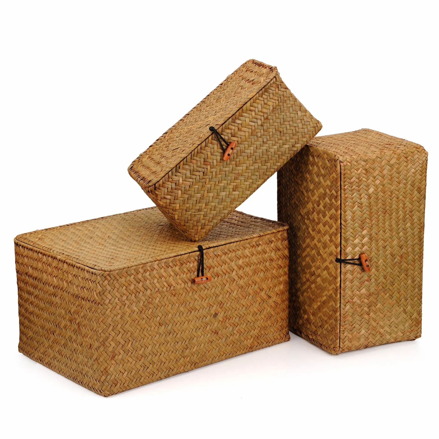 Seagrass Cesta Vimini con Coperchio Cestini Portaoggetti Naturale 3 Pezzi
