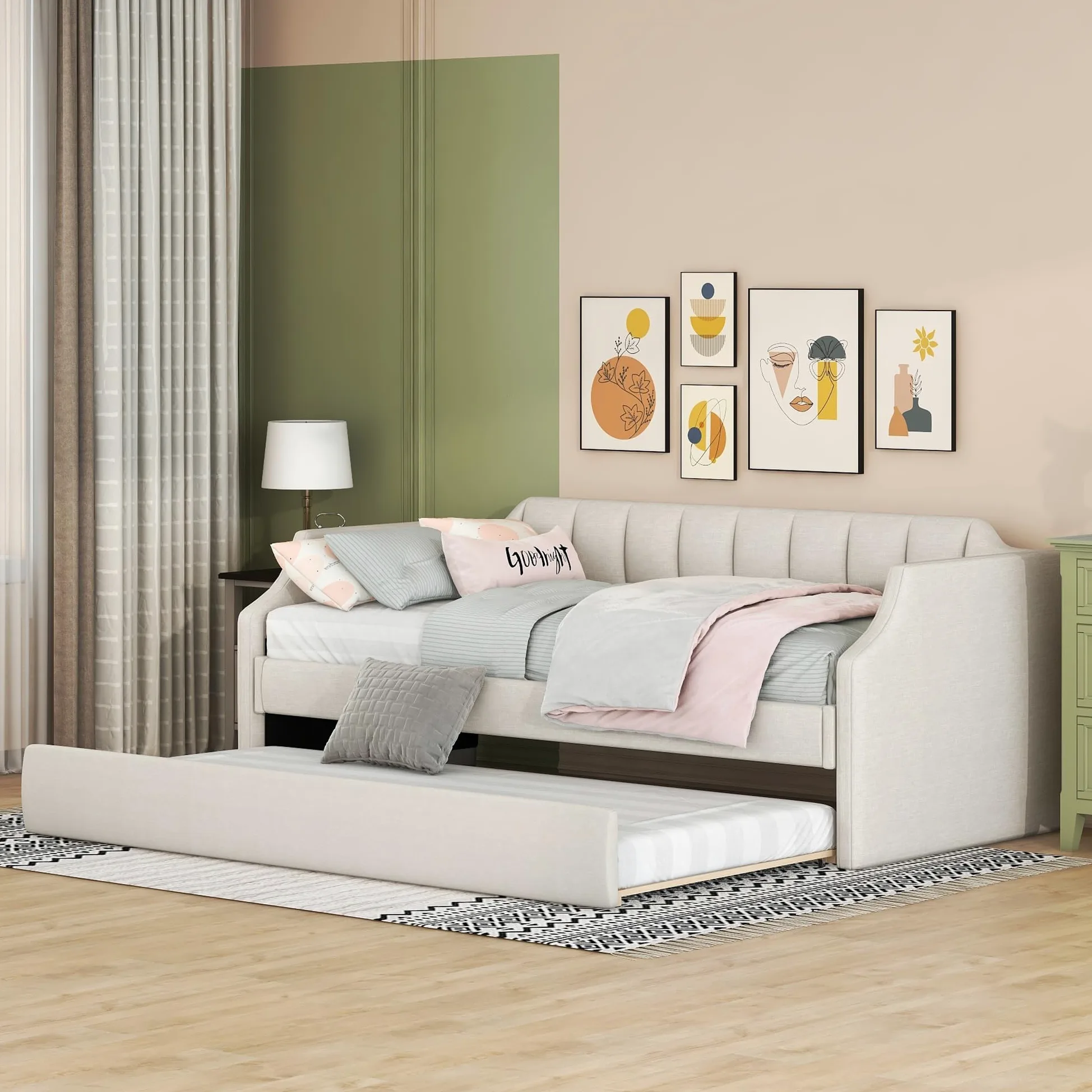 Azkoeesy Letto imbottito 90 x 200 cm, divano letto con secondo letto estraibile, con rete a doghe, lettino per bambini, max 120 kg, rivestimento in lino (beige), WX602