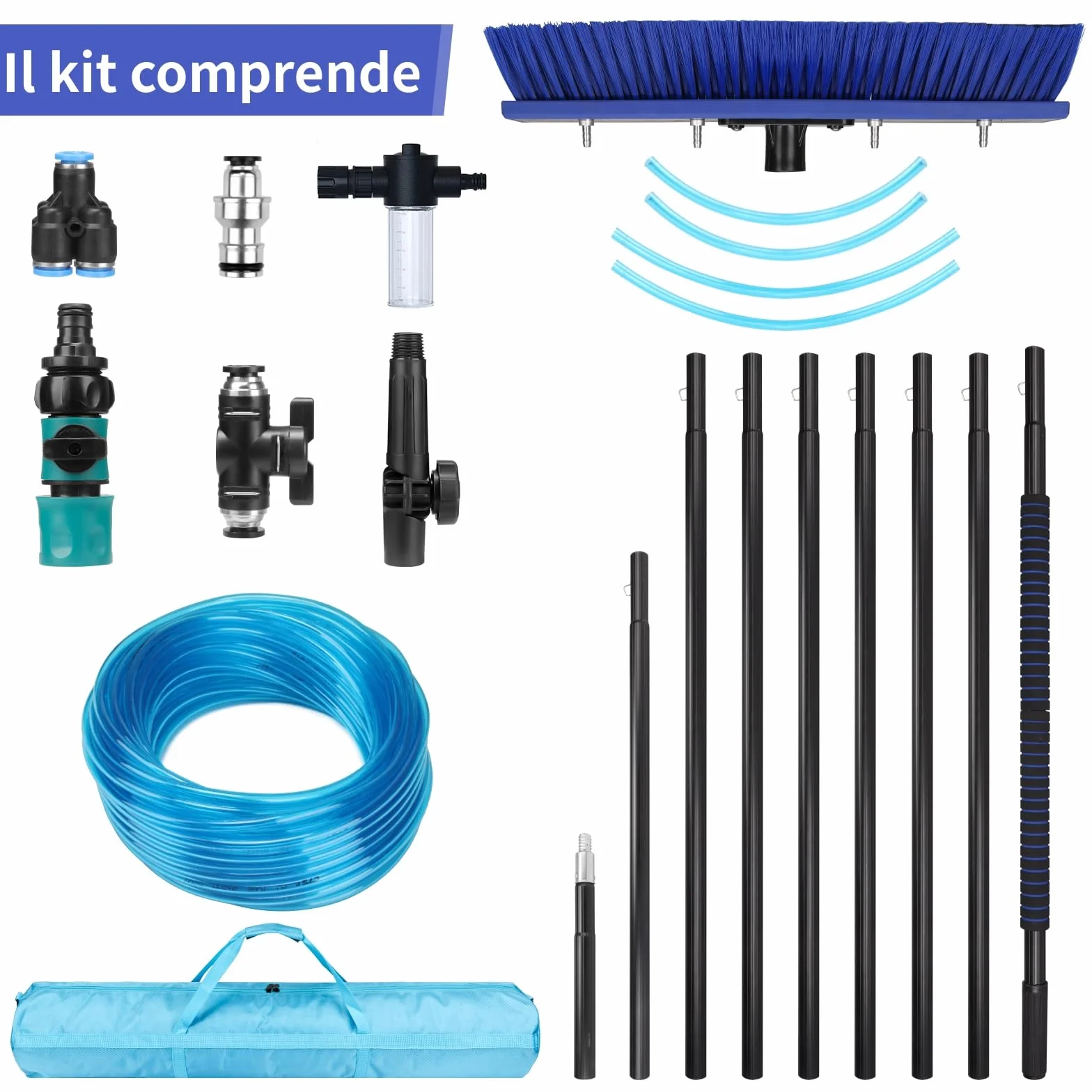 Kit pulizia pannelli fotovoltaici, 12 Metri pulitore regolabile in lunghezza per la Pulizia delle finestre, spazzola telescopica set per pannelli solari e finestre (12M)