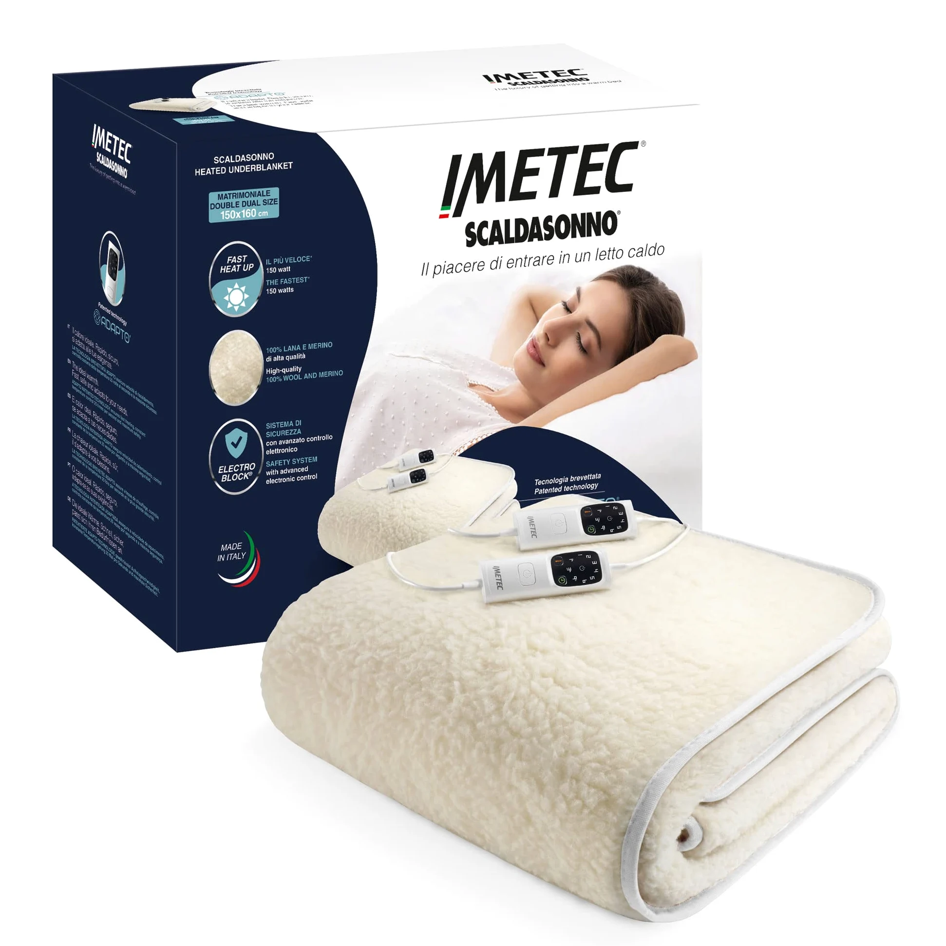 Imetec Scaldasonno Adapto Matrimoniale 150 x 160 cm, Riscaldamento rapido, Temperatura costante e personalizzata & Scaldasonno Adapto Singolo 150 x 80 Cm, Tecnologia Brevettata, Riscaldamento Rapido