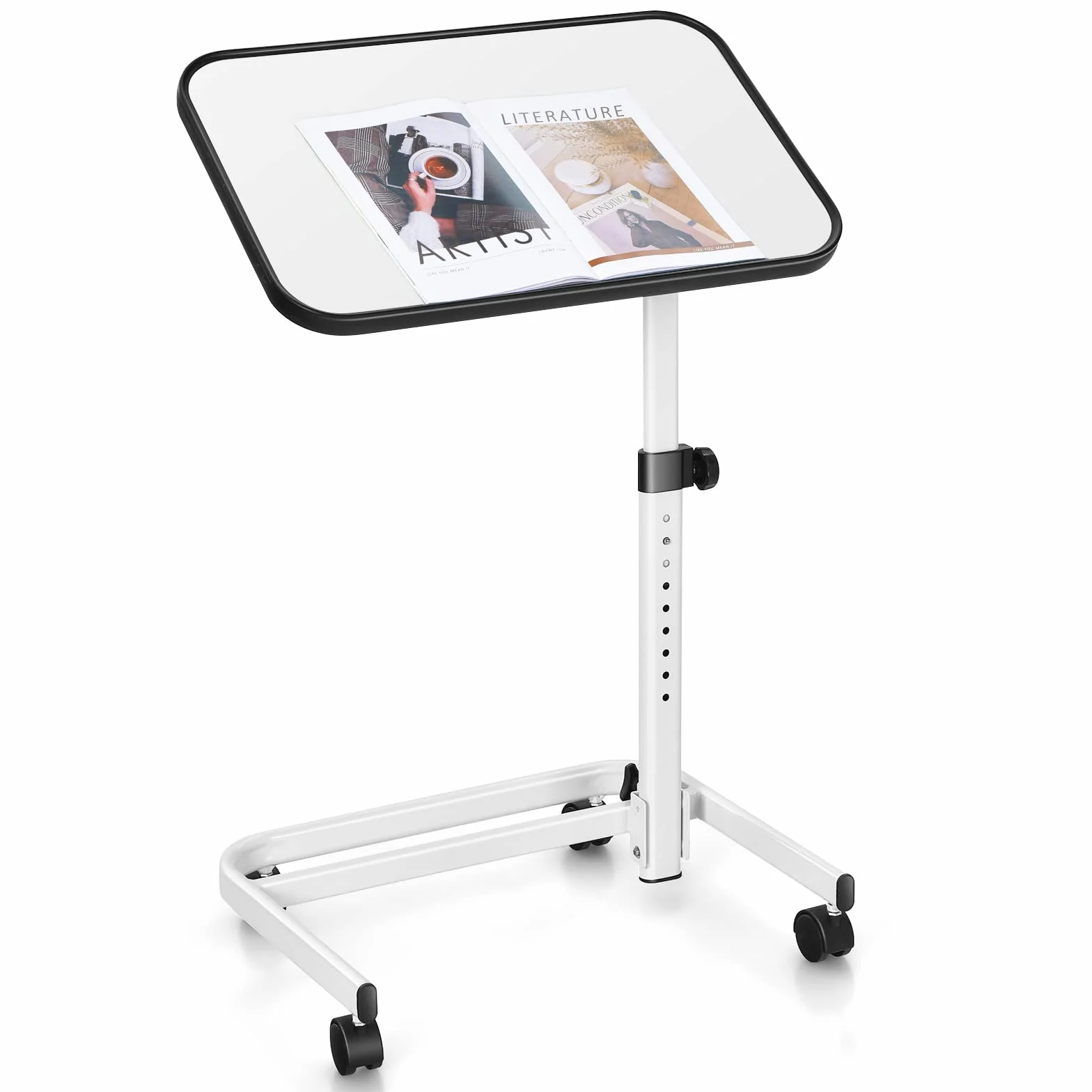 GYMAX Tavolo da Letto Tavolino Laterale con 4 Rotelle Universali, Angolo e Altezza Regolabile, Piano Inclinabile, a Forma di C, per Soggiorno, Camera da letto, Ospedale (Bianco)