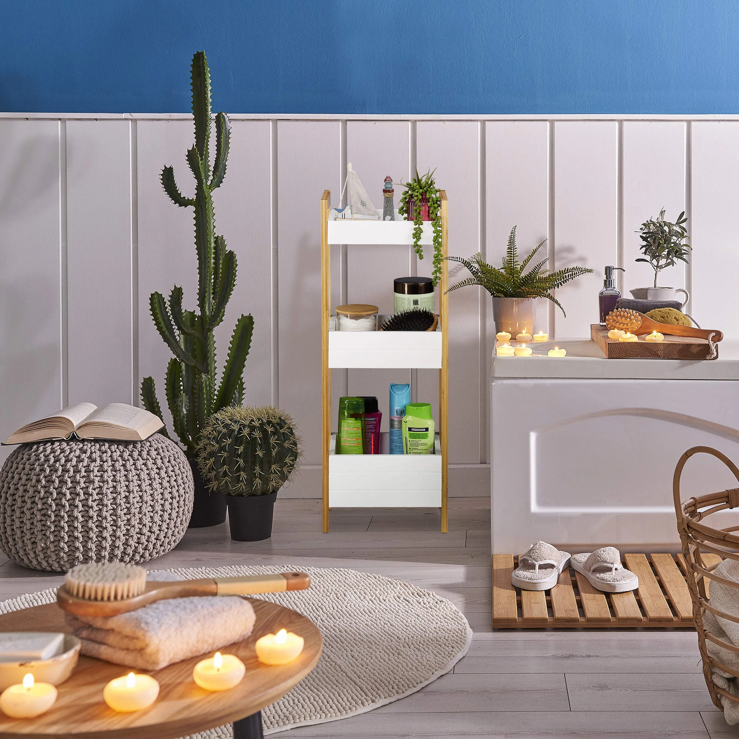 Relaxdays Scaffale Bagno a Colonna con 3 Cesti 74,5x28x20 cm Bambù MDF Naturale Bianco
