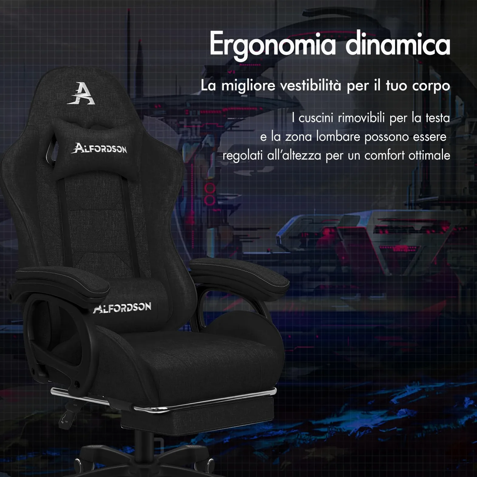 ALFORDSON Sedia da Gaming Massaggiante, Poggiapiedi Telescopico, Sedia Gamer con Cuscino Lombare & Poggiatesta, Ergonomico Sedie da Ufficio Schienale Regolabile 90-150°, Tessuto(Nera)