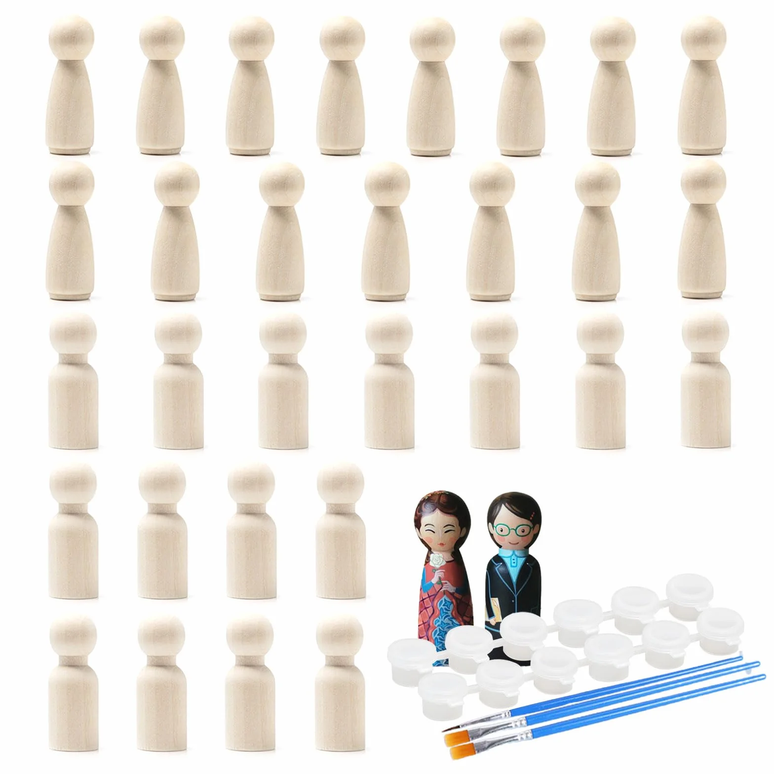 30 Pezzi Kit di Figure In Legno da Dipingere Bambole di Legno Fai da Te da Colorare Persone Piccole con Pennelli e Strisce di Vernice per DIY Artigianato, 53 mm