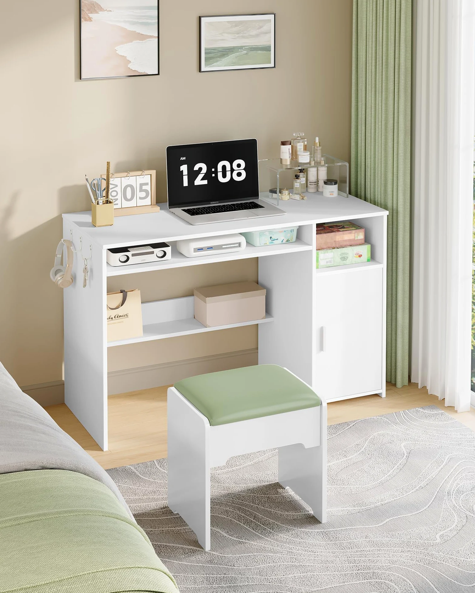 Hzuaneri Scrivania per Computer, Scrivania Ufficio con Ripiani, Tavolo Moderno con Deposito, per Studio, Ufficio, Camera da Letto, 50 x 108 x 75 cm, Bianco CD10103X