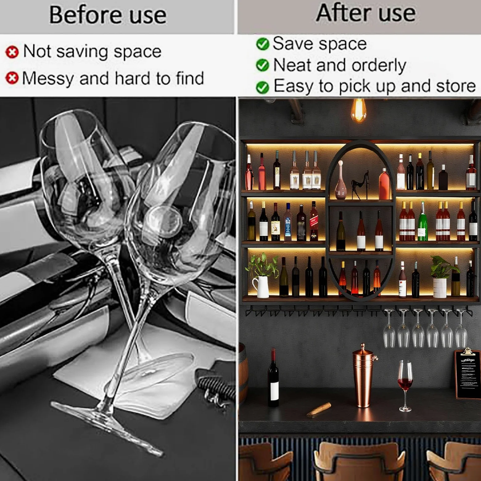 140CM Portabottiglie da parete grande, portabottiglie sospeso in metallo a 4 ripiani con ripiani per bicchieri, mensole sospese moderne per la decorazione di bar e sala da pranzo (Oro)
