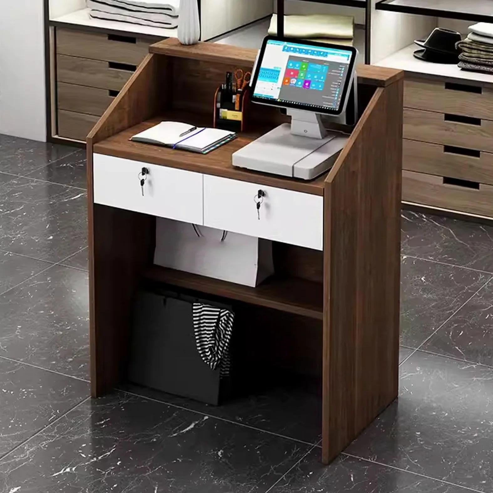 Scrivania da reception con serratura con ripiano anteriore per ufficio e salone, elegante postazione di lavoro moderna per reception, con cassetto e area reception