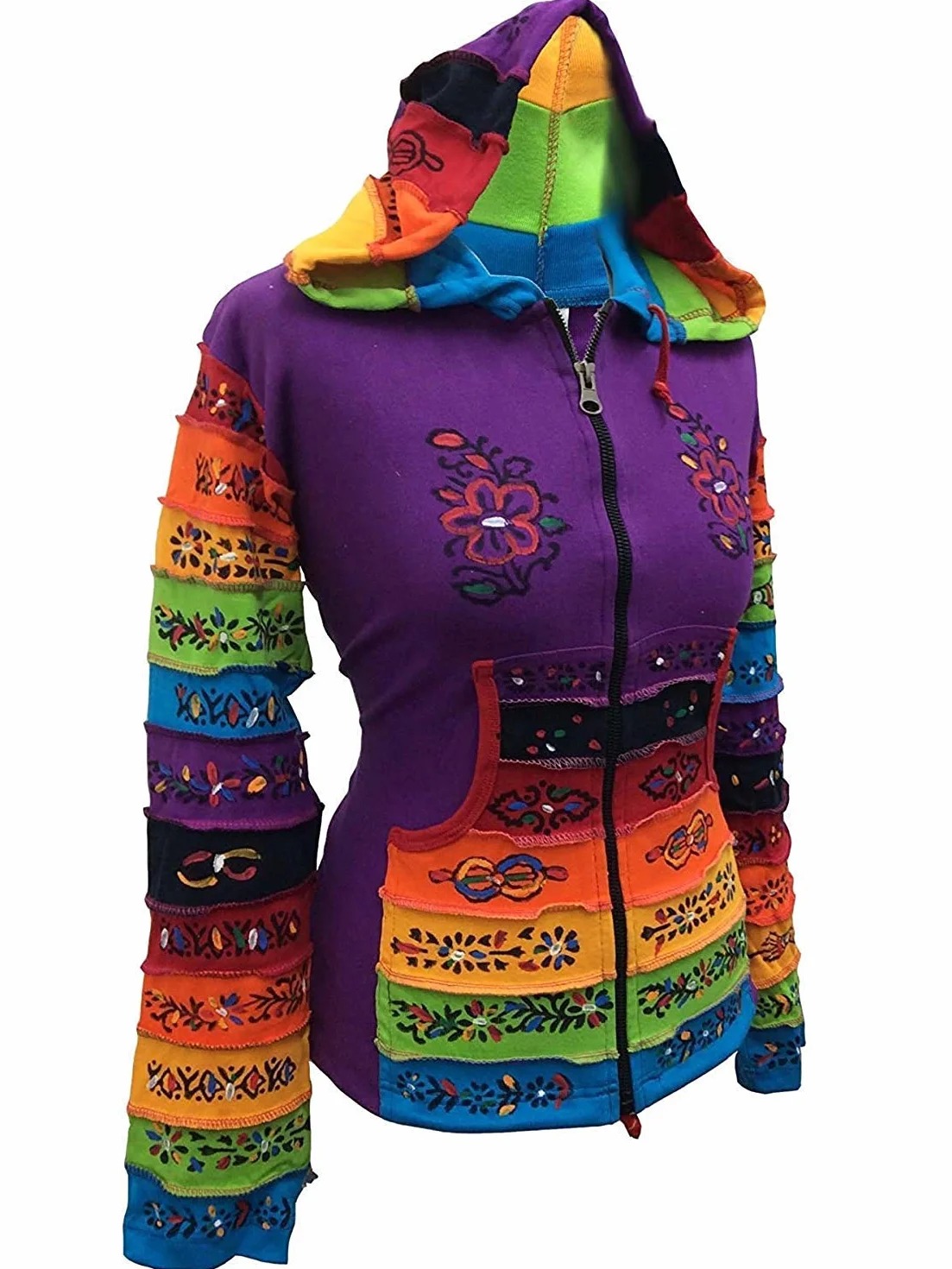 Shopoholic Fashion Giacca da Festival Hippie con Cappuccio e Toppa a Forma di Fiore con Maniche Arcobaleno da Donna