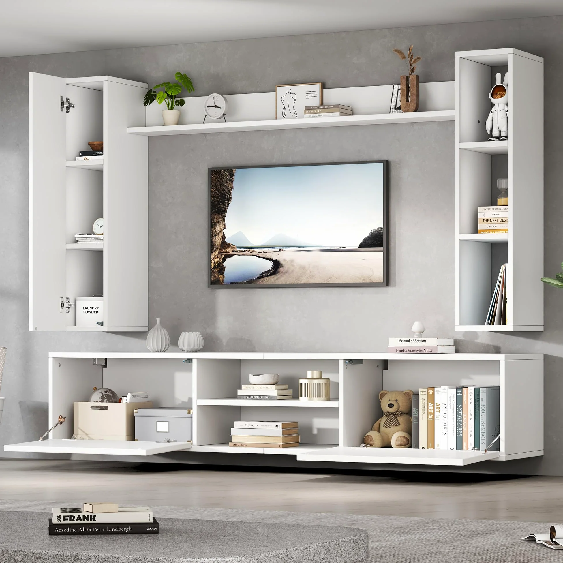 TIZZ Set da parete per TV, 180 x 35 x 33,5 cm, con vetrine (set completo, 4 pezzi), supporto per TV, mensola e 2 mensole da parete, set di mobili da soggiorno, TV in piedi e sospeso, TV fino a 80