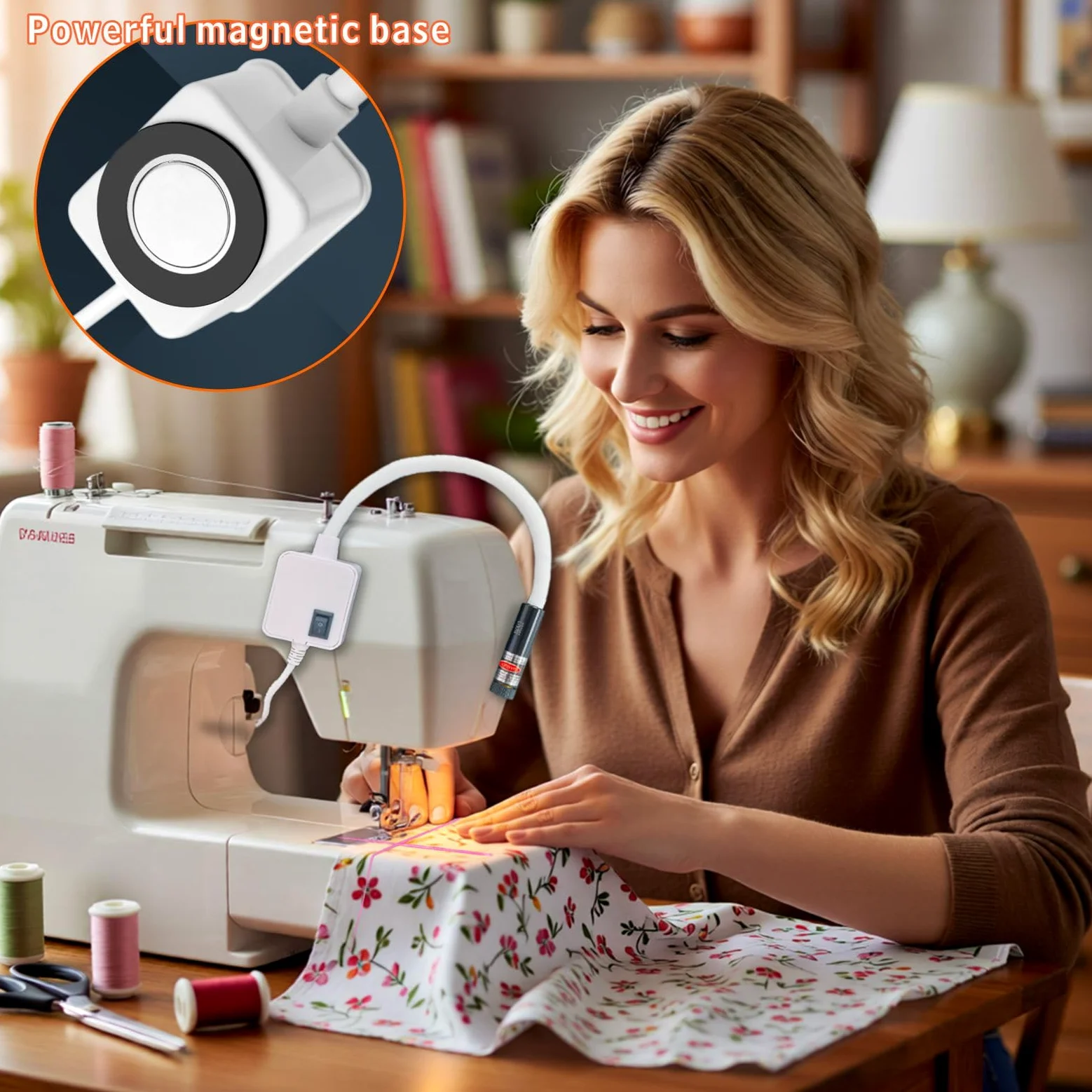 Luce magnetica per macchina da cucire, guida laser rossa per cuciture dritte, strumento di cucitura di precisione a mani libere con collo d'oca flessibile, alimentazione plug-in per una luminosità