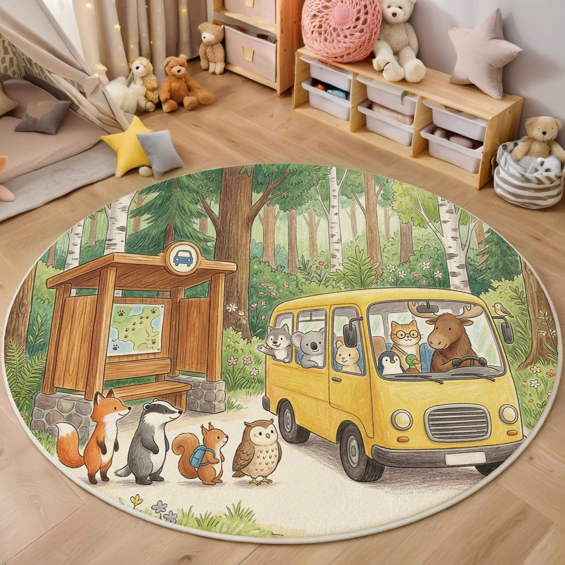 Tappeto Rotondo Bambini In Stile Fiaba Della Foresta Tappeto a Pelo Corto Fox Bus Antiscivolo, Lavabile In Lavatrice per Salotto, Cameretta dei Bambini, Dimensione: 140cm, Verde