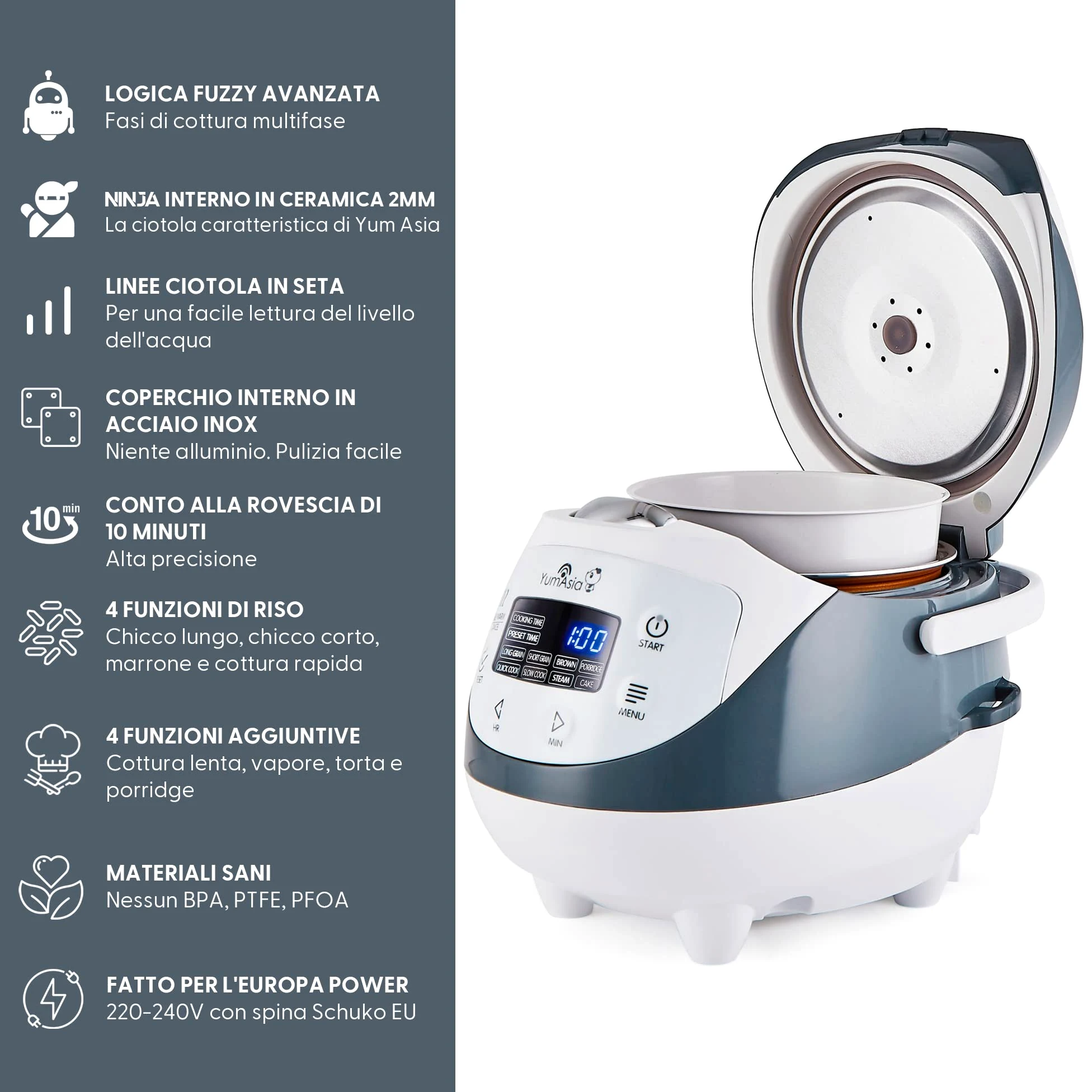 Yum Asia Panda Mini Cuociriso con Ciotola in Ceramica Ninja e Advanced Fuzzy Logic (3,5 tazze, 0,63 litri) 4 Funzioni di Cottura del Riso, 4 Funzioni Multicooker, Display LED, 220-240V (White/Grey)