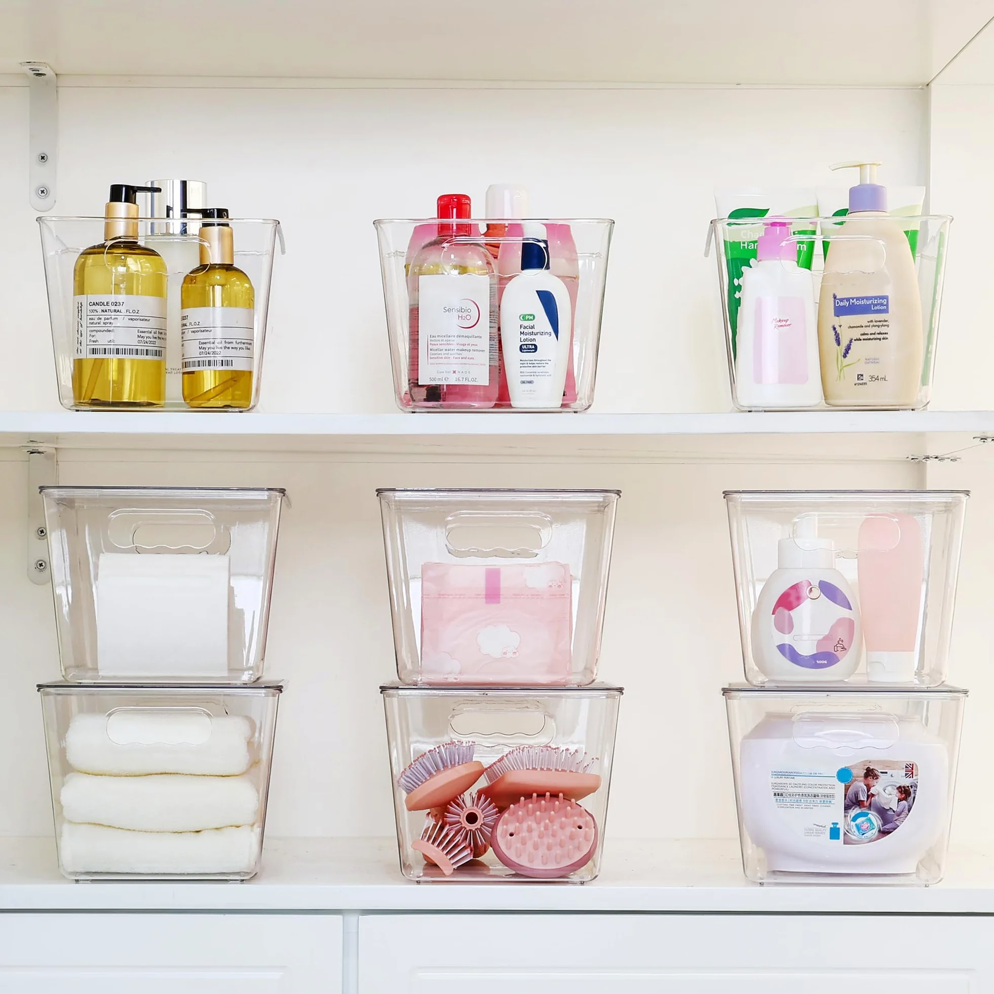 Vtopmart - 6 contenitori impilabili in plastica trasparente con coperchi, grandi contenitori in plastica con manico per organizzazione e conservazione della dispensa, perfetti per bagno, armadio