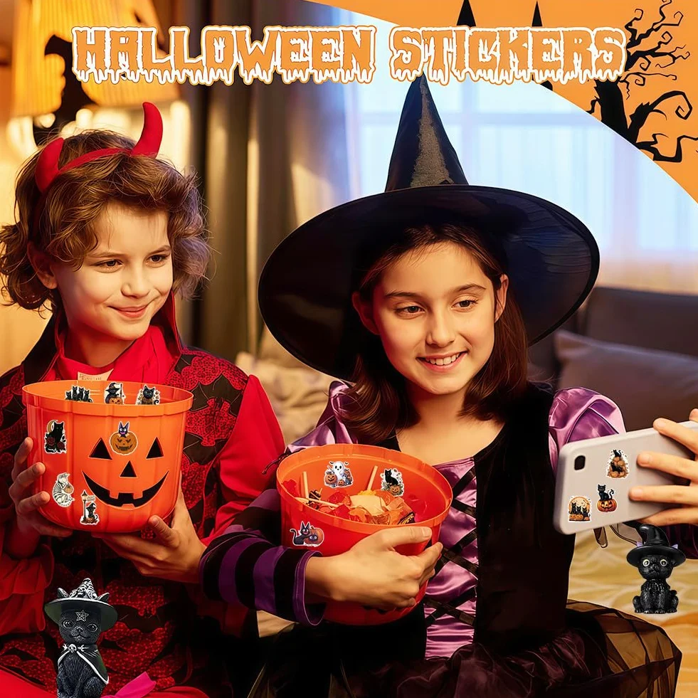 Gatto Strega Halloween Decorazione con Adesivi Neri e Mini Gatto Resina Set Statuetta a Forma di Gatti Statuette Decorative per Gatti Regalo Halloween per Feste e Arredo Casa