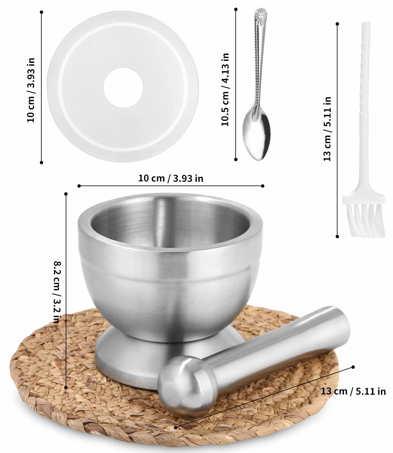 Set di Mortaio e Pestello 304 con Pennello, Cucchiaio e Coperchio in Silicone, Macinaspezie