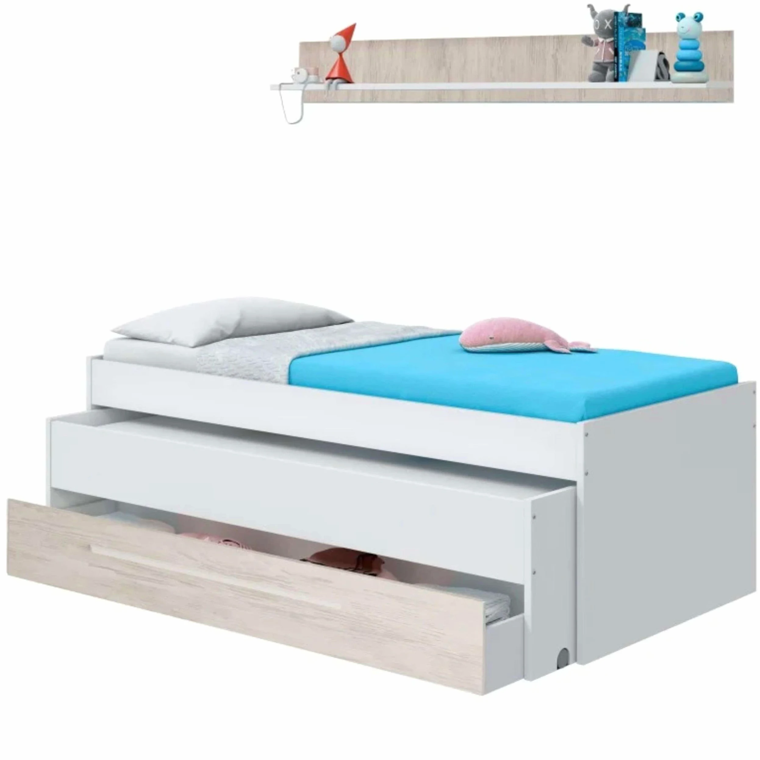 Dmora - Letto per bambini Sunnyvale, Struttura letto per cameretta, Letto singolo con lettino estraibile, cassettone e mensola, 199x96h65 cm, Bianco