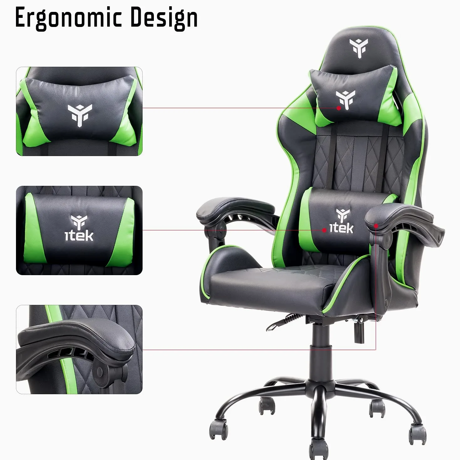 ITEK RHOMBUS PF10 Sedia Gaming ergon. Verde, schienale reclinabile, cuscino poggiatesta, sup. lombare, confort e design, ideale come sedia ufficio, sedia per studio o poltrona per gamer