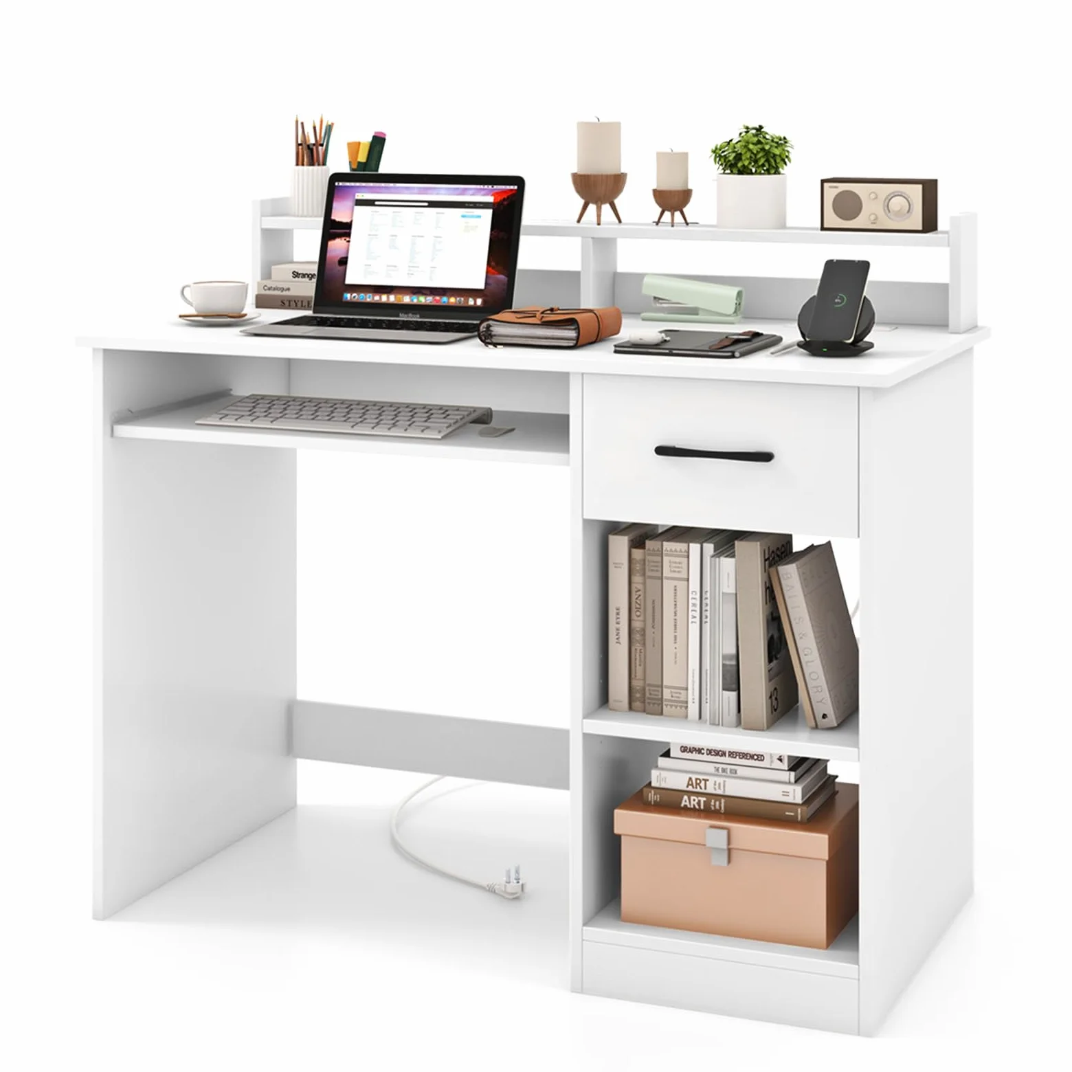 LIFEZEAL Scrivania Ufficio per Computer, con Cassetto, Supporto di Monitor, Vassoio per Tastiera, Salvaspazio, Postazione di Lavoro, Scrittoio, Tavolo Porta PC, Laptop, in Legno, Max 45kg, Bianco