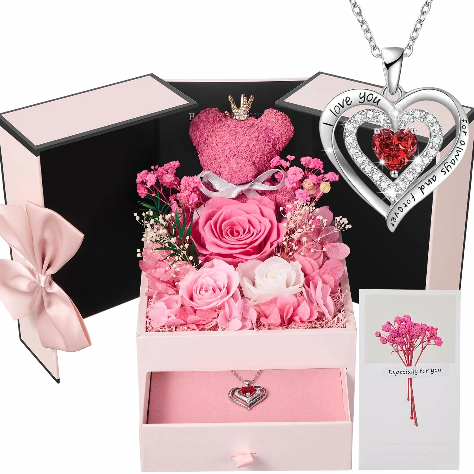 Rosa Eterna Regalo Donna, Collana e Orso di Muschio, Preservada Fiori Confezione Regalo per Festa Mamma, Natale, Compleanno, San Valentino