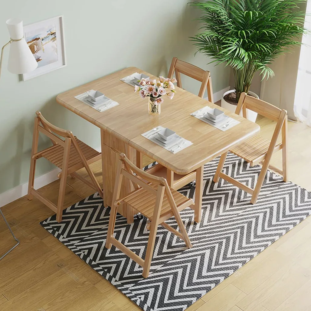 Tavolo e sedia in legno massello, pieghevole, 1,3 m, tavolino con sedia, spazio di archiviazione (1,3 x 0,9 m), tavolo + sedia x 4,bianco)