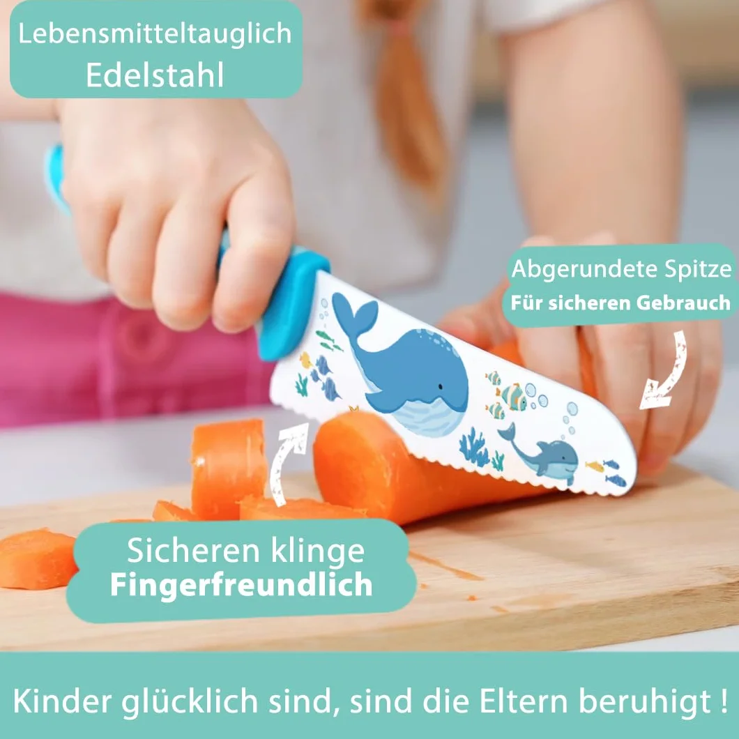 Kibbidea Coltello da cucina per bambini, 12 pezzi, in acciaio inox, per tagliare frutta o verdura, con pelapatate, coltello per bambini dai 3 anni in su