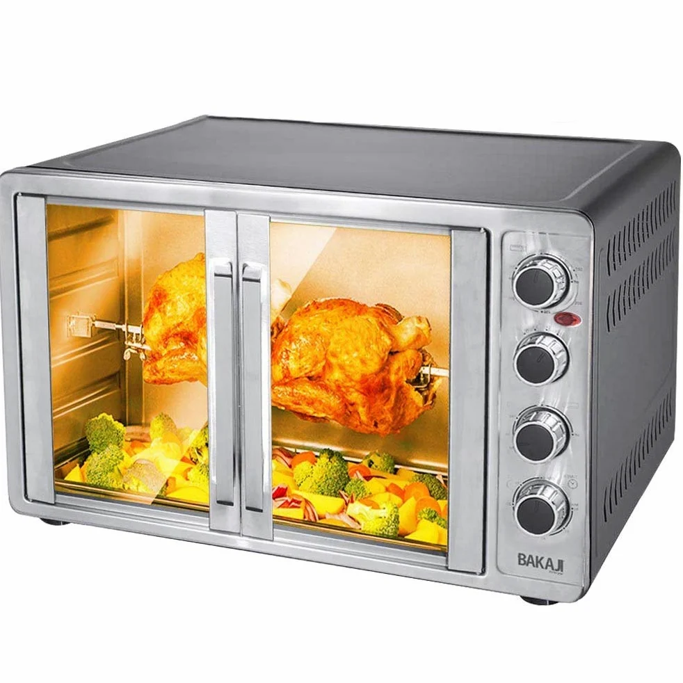 Bakaji Forno Fornetto Elettrico Ventilato 55 Lt Potenza 2200W con Doppia Porta Luce Interna 4 Selezioni di Cottura Temperatura Regolabile Timer Girarrosto e Accessori